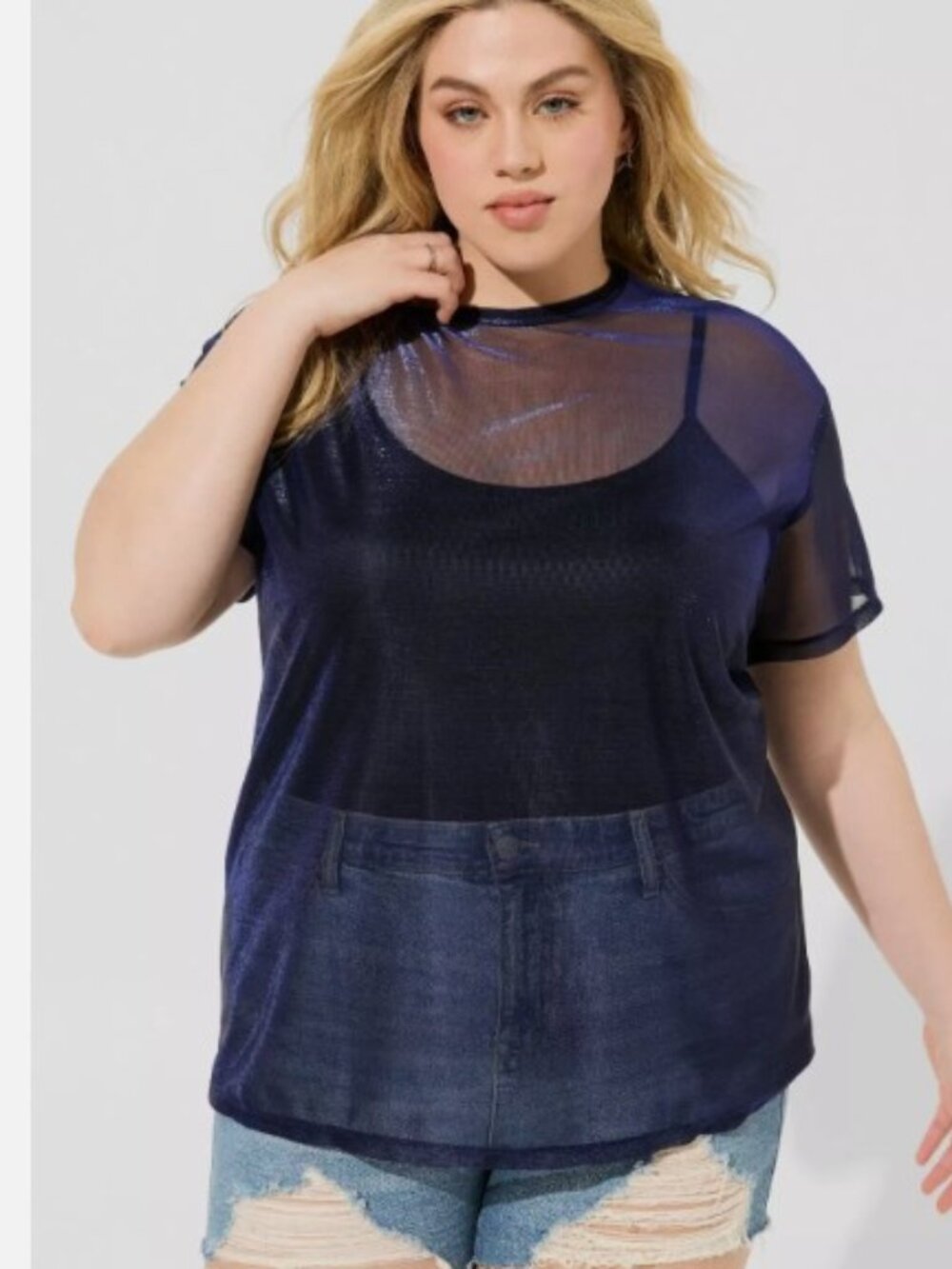 Torrid Brand Women's size 2 NWT Dark Blue Oil Slick Mesh Crew Neck Relaxed Tee